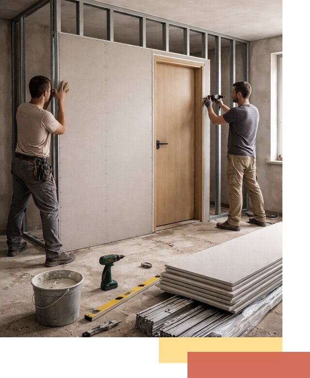 Перегородка из гипсокартона с дверью под ключ в чусовом