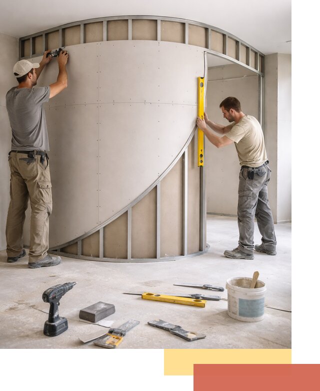 Радиусная перегородка из гипсокартона в чусовом под ключ