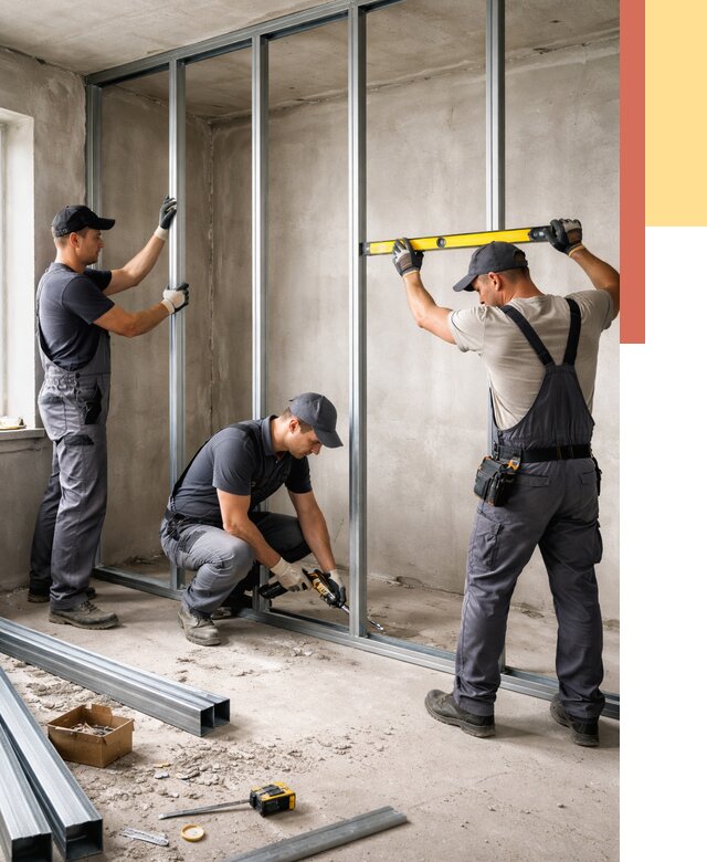 Монтаж каркаса перегородки из профиля в чусовом от 784 руб. | ОТДЕЛОЧНИК-Чсв