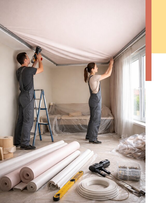 Монтаж цветного натяжного потолка в чусовом от 4388 руб/м² — быстро и недорого | ОТДЕЛОЧНИК-Чсв