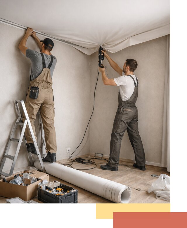 Монтаж цветного натяжного потолка в чусовом за один день