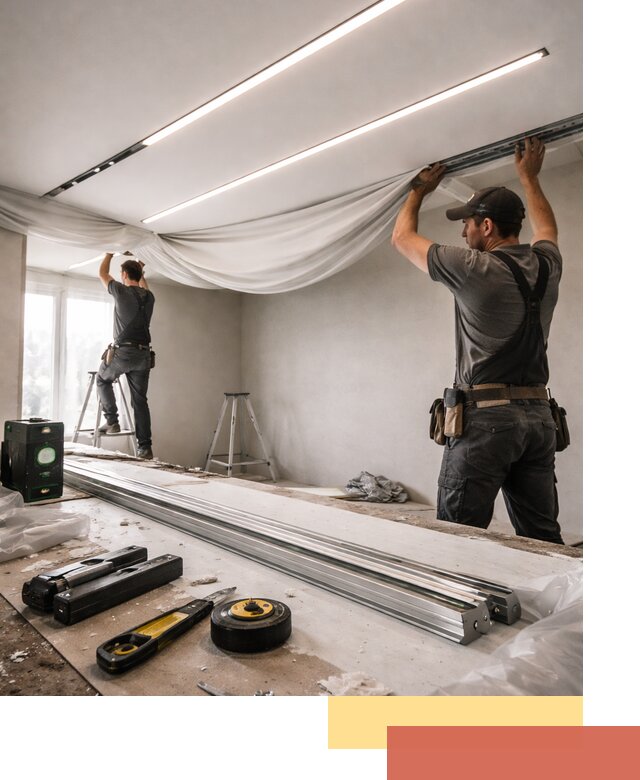 Монтаж натяжных потолков со световыми линиями в чусовом