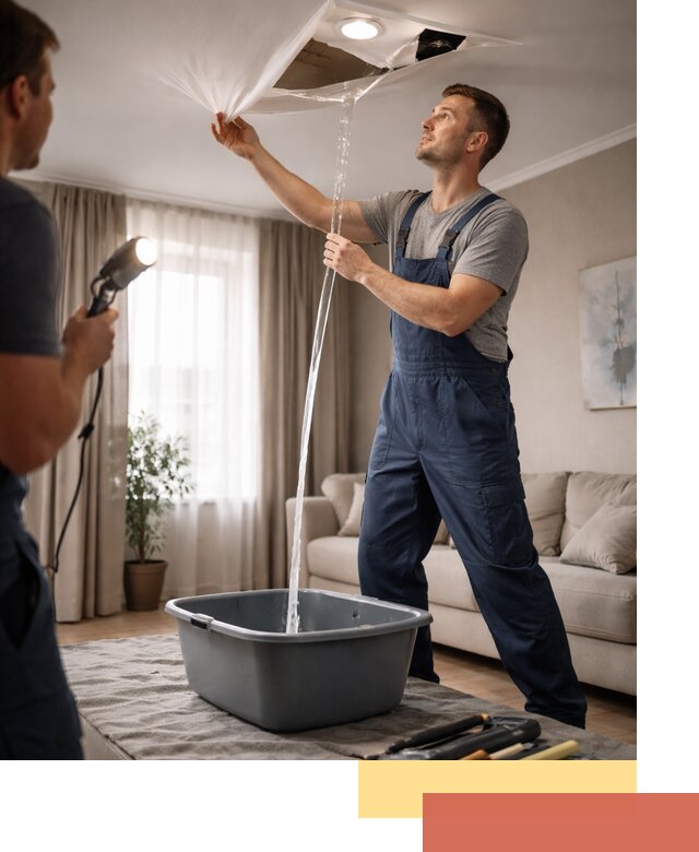 Слив воды с натяжного потолка в чусовом быстро и аккуратно