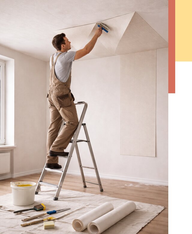 Поклейка обоев на потолок в чусовом от 4702 руб. быстро и недорого | ОТДЕЛОЧНИК-Чсв